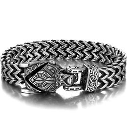 Nordic Viking Bracelet for Men Vintage Wolf Head Scandinavian Men's 12MM Width SSteel Square Franco Link Curb Chain 240105