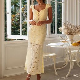 Casual Dresses Women's Elegant Floral Eyelet Hollow Dress Solid Color Cap Sleeve Sweetheart Neck Slit Slim Long