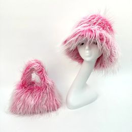 Pink European and American Large brim Faux Fur Women's Winter Warm Thickened Hat bucket hat 240106