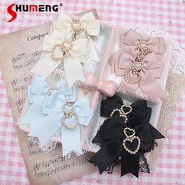 Handmade Kawaii Sweet Hair Accessories Lady Cute Lace Love Pearl Pendant Japanese Girl Bow Small A Pair of Hairclips Barrettes 240106