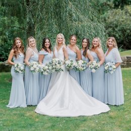 Charming Light Blue Chiffon A Line Bridesmaid Dresses Long Floor Length Short Sleeves Young Girls Maid Of Honour Gowns Spring Summer Wedding Guest Party Dress CL3166