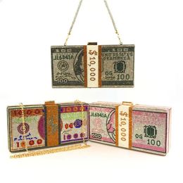 Money Clutch Rhinestone Purse 10000 Dollars Stack of Cash Evening Handbags Shoulder Wedding Dinner Bag 240106