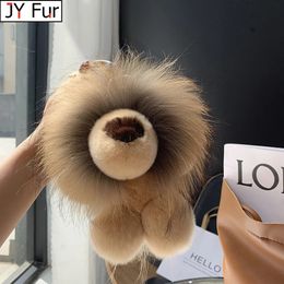 Cute Lion Real Rex Rabbit Fur Keychain Plush Toys Trinkets Women Bag Ornaments Pendant Car Keyring Rearview Mirror Decoration 240106