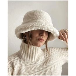 Lamb Wool Bucket Hat Winter Women Thicken Warm Solid Colour Basin Caps Korean Fashion Fisherman Hats Unisex Outdoor Accessories 240106