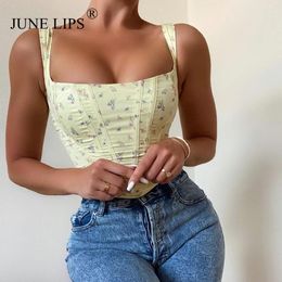 Camis JUNE LIPS 2022 New HighQuality Niche Floral Fishbone Square Collar Cropped Umbilical Suspender Top Hot Girl Slim Sexy Vest