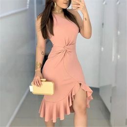 Casual Dresses Summer Women's Sexy Pink One Shoulder Twisted Slim Fit Sleeveless Wrapped Hip Dress Mid Length