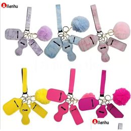 Party Favour 11 Colours 5Pcs Defence Keychain Set Pompom Hand Sanitizer Wrist Strap Lipstick Keychains Sier Keyring For Woman Men Self-D Dhjxw