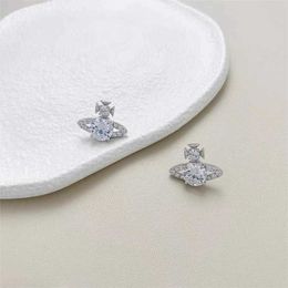 Stud Earrings Western Empress Dowager Silver Saturn Water Drops Long Sparkling Diamond Crystal Ear Studs Clip Two Wear Style Fashion for Women Jewellery Us8a