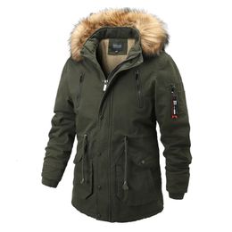 Winter Thicken Fleece Casual Jackets Mens Cotton Jacket Fur Hooded Coat MultiPockets Tactical Parkas Windbreaker Top 240106