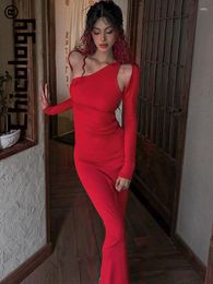 Casual Dresses Chicology Sexy Long Sleeves Hollow Out Bodycon Red Dress Festival Elegant Party Evening 2024 Women Clothes For Wholesale