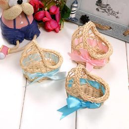 Gift Wrap 10Pcs Mini Woven Flower Basket Rattan Baby Ribbon Bow Cradle Candy Box Christening Gifts Shower Birthday