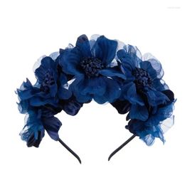 Hair Accessories Dark Blue Flower Crown Simulation Garland Bride Large Mesh Headband Girl Curling Head Band