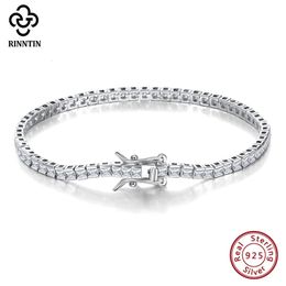 Rinntin Shiny Tennis Bracelet 925 Sterling Silver 2mm Clear Princess Cut CZ Bazel Setting Chain for Women Jewellery SB144 240105