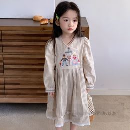 Girls Character embroidery dresses kids stripe V-neck long sleeve pleated dress 2024 spring children princess clothes Z6539