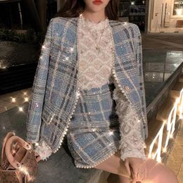 Jackets Runway Fall Winter Beaded Diamonds Plaid Woolen Female Tweed Jacket Coat + Elegant Skirt Women Clothes 2 Pieces Set Suit