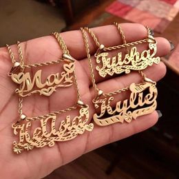 Custom Name Nameplate 18K Gold Pendent Personalised Jewellery Stainless Steel Necklaces For WomenMenChild Christmas Gift 240106