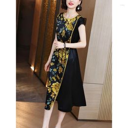 Casual Dresses Summer Fashion Silk Printed Dress For Women 2024 Versatile Elegant Round Neck Sleeveless Loose Fit Leisure Vacation Vestidos