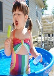 New Summer Kids Swimming Costumes Bowknot Colourful Stripe Rompers Onepiece Swim Suit Girls Swimsuits Cute Childrens Swimwear Baby8901735