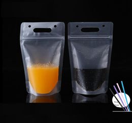 500ml Clear Drink Pouches Bags and Straw Drinkware Frosted Zipper Stand Up Plastic Drinking Bag With Holder Reclosable Heat Proof4892142