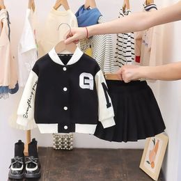 Autumn Baby Girls Clothes Sets Infant Sports Baseball Uniform Letter Cardigan Jackets Top and Pleated Skirt Suit Kid Outfits 240106