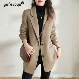 Women Korean Fashion Lace Up Elegant Woolen Thick Blazers Jacket Office Lady Business Casual Long Sleeve Loose Tunic Suit Coat 240105