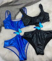 New Leather Swimsuit Bikini Set Women hardware Pad Swimwear Black Blue Fast Bathing Suits Sexy pad tags2266696