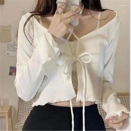 Women's T Shirts Women Cardigans Solid Slim Bandage Design Crop Tops Stylish Streetwear Teenagers All-match Sweet Lovely Knitted Basic ZY597