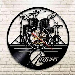 Guitar Drums Set Silhouette LED Backlight reloj Music Modern Vinyl Watch 3d Wall Clock horloge Band Member Fan Handmade Gift 21032234g