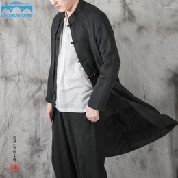 Ethnic Clothing Vinbrandmn Fashion Design Solid Color Windbreaker China Cotton Linen Retro Classic Long Coat Casual Men's Jacket Cardigan
