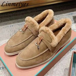 s Loafers Woman HighQuality Kid Suede Wool Collar Flat Casual Shoes Men Fashion Comfy Winter Warm Walk Unisex 240106