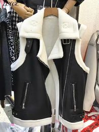 Korean Imitation Fur Leather Vest Coat Women Sleeveless Loose Zipper Jacket Lady Waistcoat Autumn Winter Warm Motorcycle Clothes 240106