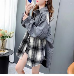 Women's Blouses Spring And Autumn Design Feel Loose Denim Plaid Patchwork Letters POLO Collar Shirt Jacket Top Long Sleeved