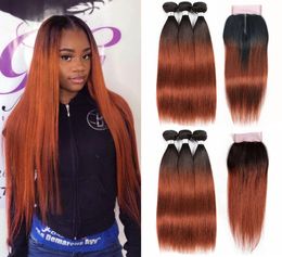 Dark Auburn Human Hair Weave 3 Bundles with 44 Lace Closure 1B33 Straight Ombre Brazilian Virgin Hair PreColored NonRemy Hair6561934