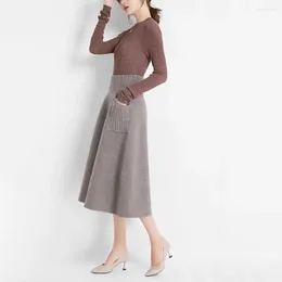 Skirts Lady Winter Knitted Skirt Cosy High Waist A-line Midi With Pockets For Women Soft Warm Stretchy Solid Colour Fall