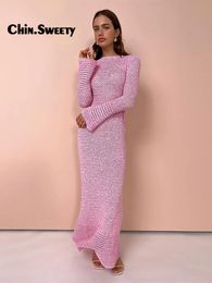 Female Pink Sweet Crochet Knitted Dress Elegant Long Sleeve Round Neck Maxi Dresses 2024 Spring Fall Ladies Commuting Vestidos 240106