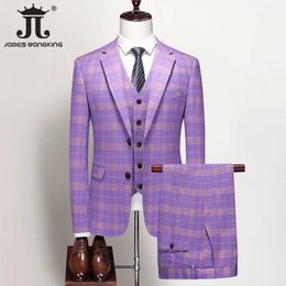 S-5XL Blazer Vest Pants Boutique British Style Mens Suit Plaid Groom Wedding Dress Business Casual Formal Suits 3Pcs Set 240106