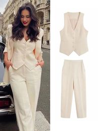 Jackets Traf Newest Spring Autumn Women Vest Pant Sets 2023 Suit Office Outfits Pockets Jackets Wide Leg Trousers Basic Zipper Long Pant