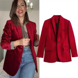 TRAF Red Fashion Blazer For Women Vintage Velvet Single Button Fitted Blazer Ladies Elegant Office Casual Long Sleeve Jackets 240105