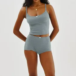 Women's Sleepwear Women Y2K Shorts Set Floral Print Pyjamas Knit Crop Cami Top Bodycon Lounge Summer 2Pcs Outfit Sets