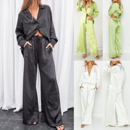 Women's Two Piece Pants Elegant Satin Trousers Set Female Long Sleeve Shirt And Wide Leg Straight Sleepwear 2Piece Summer Outfits 220830