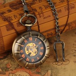 Table Clocks Transparent Glass Bronze Antique Mechanical Pocket Watch Men Double Hunters Hand Winding Clock Retro Chain