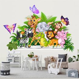 Cute Cartoon Forest Animals Wall Stickers for Kids Rooms Boys Baby Room Decoration Jungle Elephant Giraffe Lion Monkey Wallpaper 240105