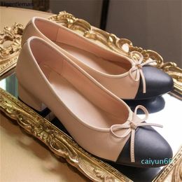 Ballet Tweed Heels Shoes Woman Basic Pump 2024 Two Color Stitching Spring Autumn Bow