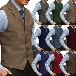 Brown Men's Vest Slim Fit Prom Herringbone Wool Blazer Green Office Suits Burgundy Waistcoat For Wedding Man Grooms 240105