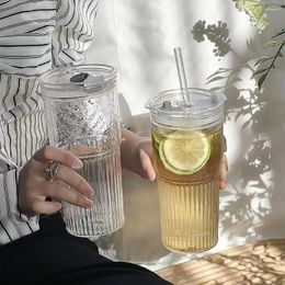 Wine Glasses 600ml Stripe Glass Cup Transparent With Lid And Straw Drinking Coffee Mug Juice Milk Tea Water Cups Drinkware