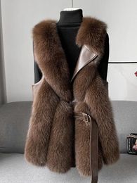 Fashion Fur Integrated Lapel Women Waistcoat Sleeveless Belt Single Breasted Luxury Female Coat Winter Solid Furry Lady Top 240106