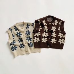 Autumn Baby Knit Vest Retro Flower Sleeveless Garment Kids Cardigan for Girls Boy Sweater Children Clothing Fashion Clothes 240106