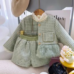 Winter Girls Princess Clothes Set Autumn Thick Baby Kids Children Coats TopsSkirt Plush Tshirt Outfit Suits 2 3 4 5 6 7Y 240106