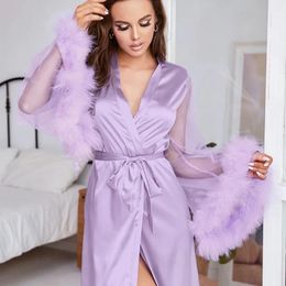 Jackets Lace Sleeve Robe Women Satin Feather Patchwork Bathrobe Kimono Gown Long Summer Nightgown Sleepdress Loose Bride Loungewear