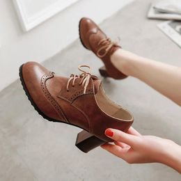 Dress Shoes Autumn Women Oxford Lace Up Vintage Round Toe Ankle Boots England Style High Heels Ladies Chaussure Femme 42 43